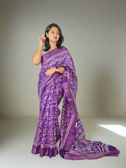 Soft Tussar Silk Slub Digital Print Saree with Golden Zari Weaving Border and Contrast Blouse