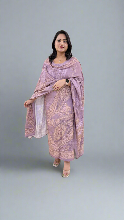 Women’s Staple Twill Suit Set with Digital Print and Handwork and Pashmina Style Dupatta – Ethnic Wear