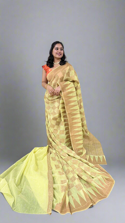 Cotton Dola Silk Saree with Weaving, Print or Embroidery Work and Tassel Detailing – For Women