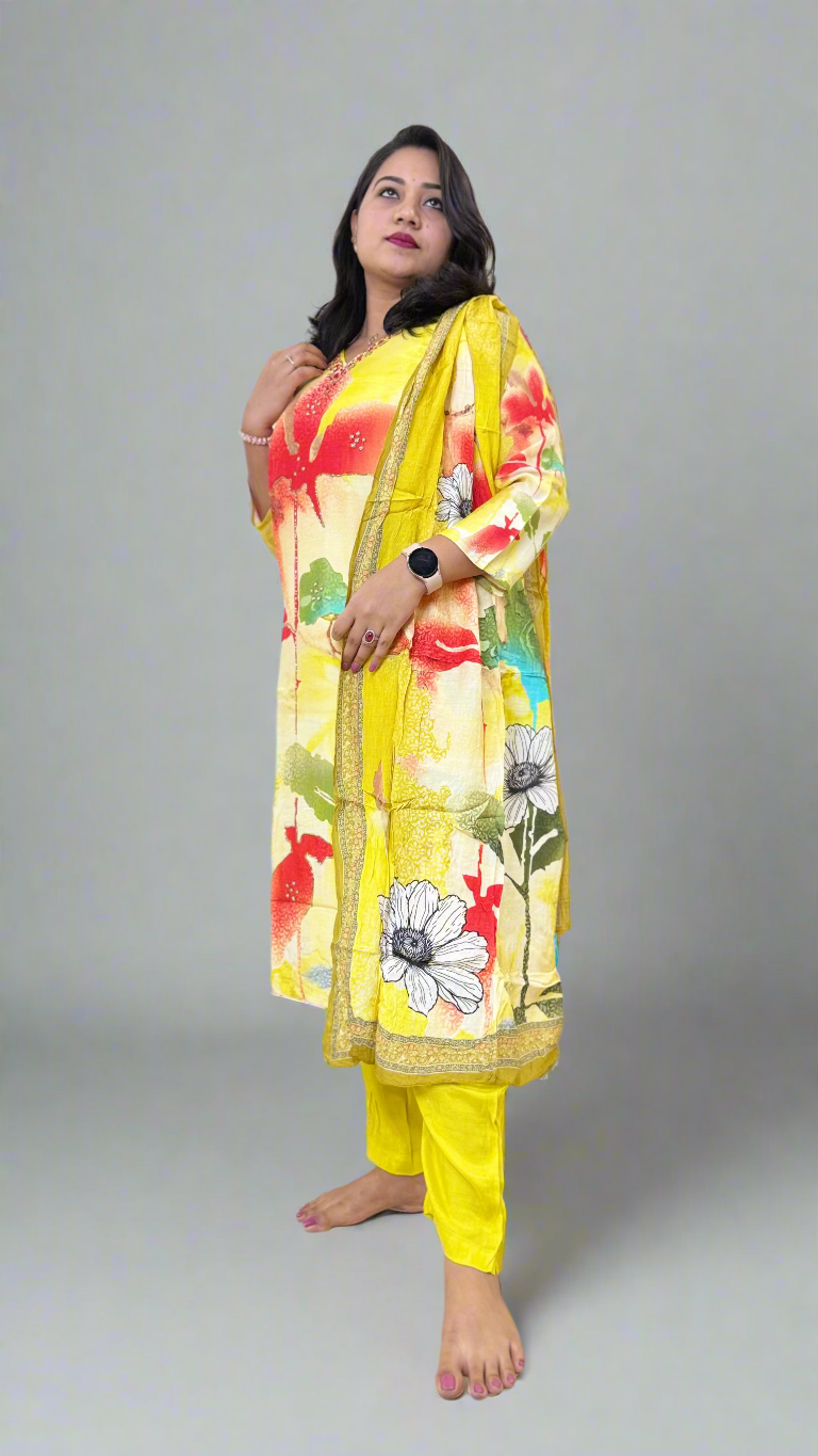 Pure Muslin Kurta Pant Dupatta Set with Handwork and Cotton Inner – Plus Sizes XL to 3XL