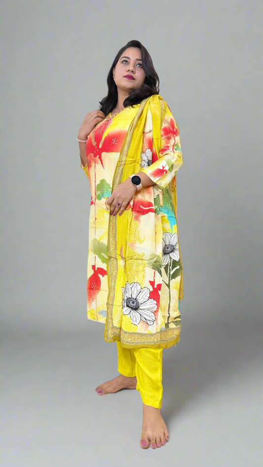 Pure Muslin Kurta Pant Dupatta Set with Handwork and Cotton Inner – Plus Sizes XL to 3XL