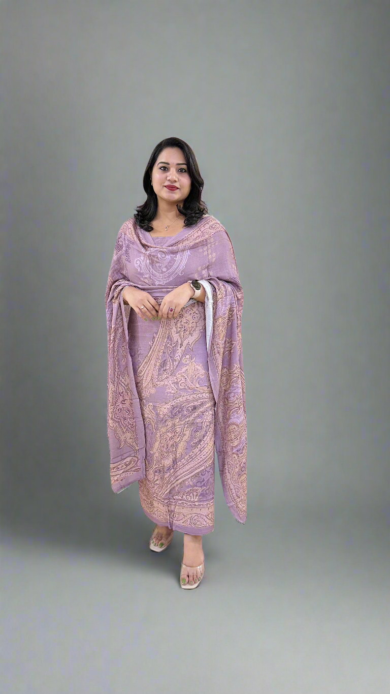Women’s Staple Twill Suit Set with Digital Print and Handwork and Pashmina Style Dupatta – Ethnic Wear
