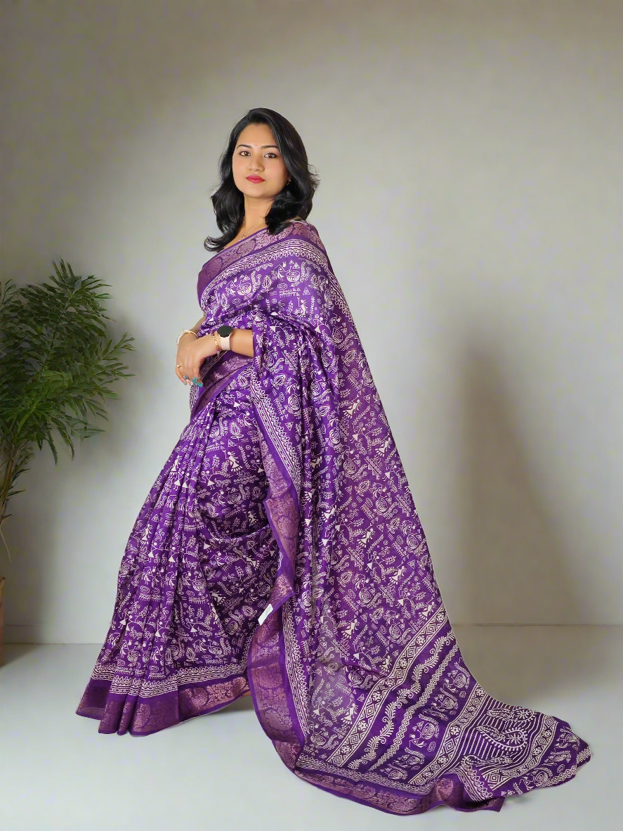 Soft Tussar Silk Slub Digital Print Saree with Golden Zari Weaving Border and Contrast Blouse