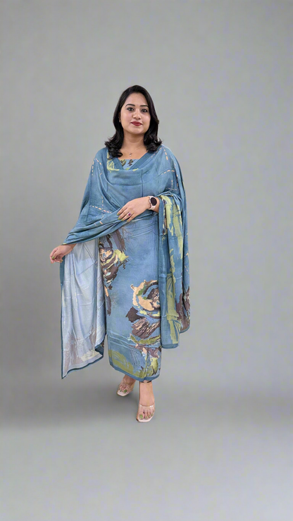 Women’s Staple Twill Suit Set with Digital Print and Handwork and Pashmina Style Dupatta – Ethnic Wear