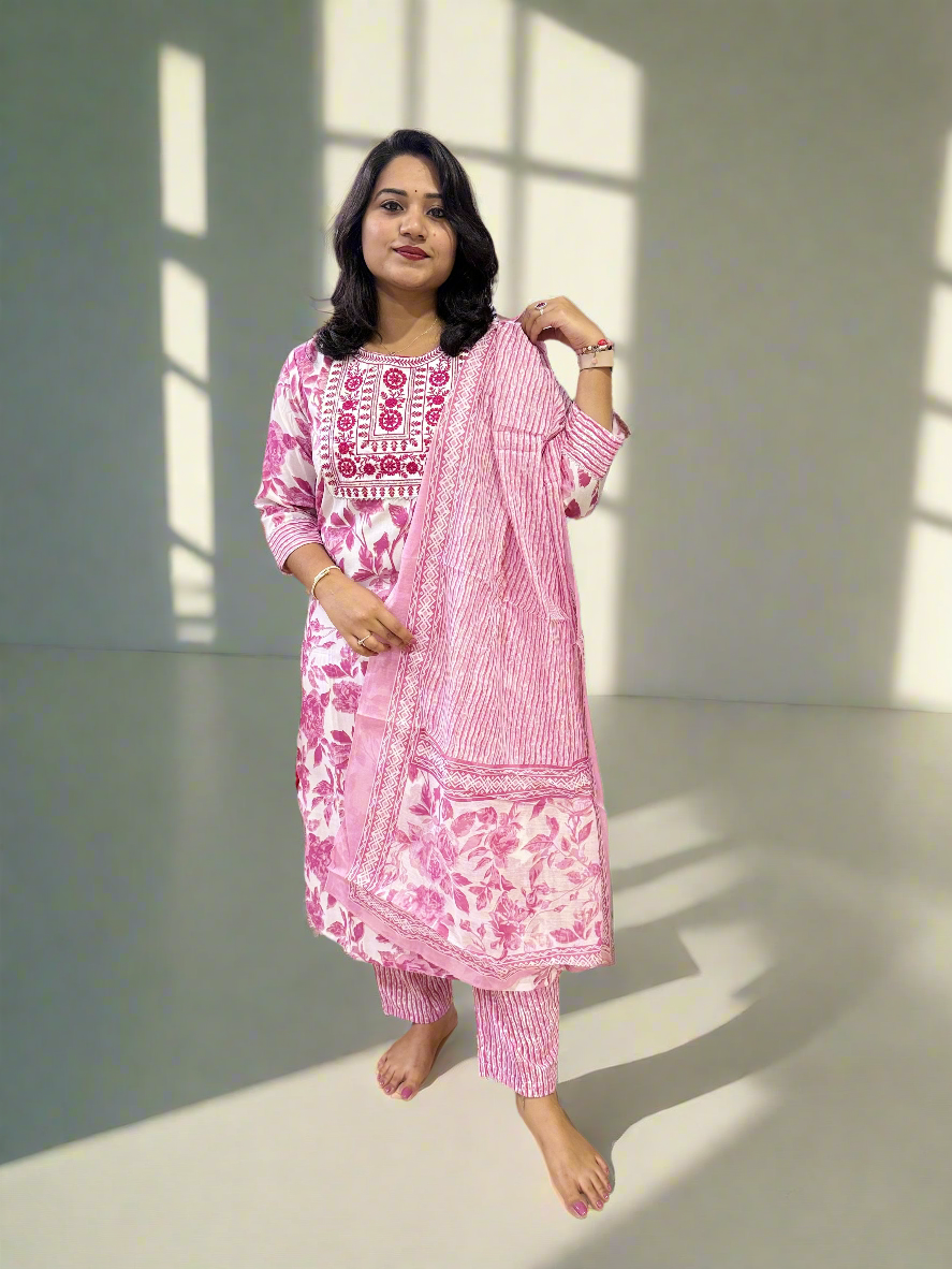 Pink Rayon Kurta Pant Dupatta Set with Floral Embroidery – Women’s Sizes S to 2XL