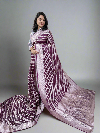 Handloom Banarasi Mashru Katan Silk Saree with Aada Weave and Border Blouse