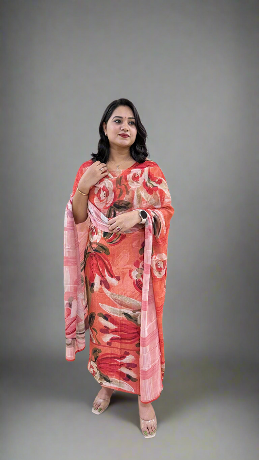 Staple Twill Digital Print Suit Set with Hand Work and Ramie Chinon Dupatta for Women
