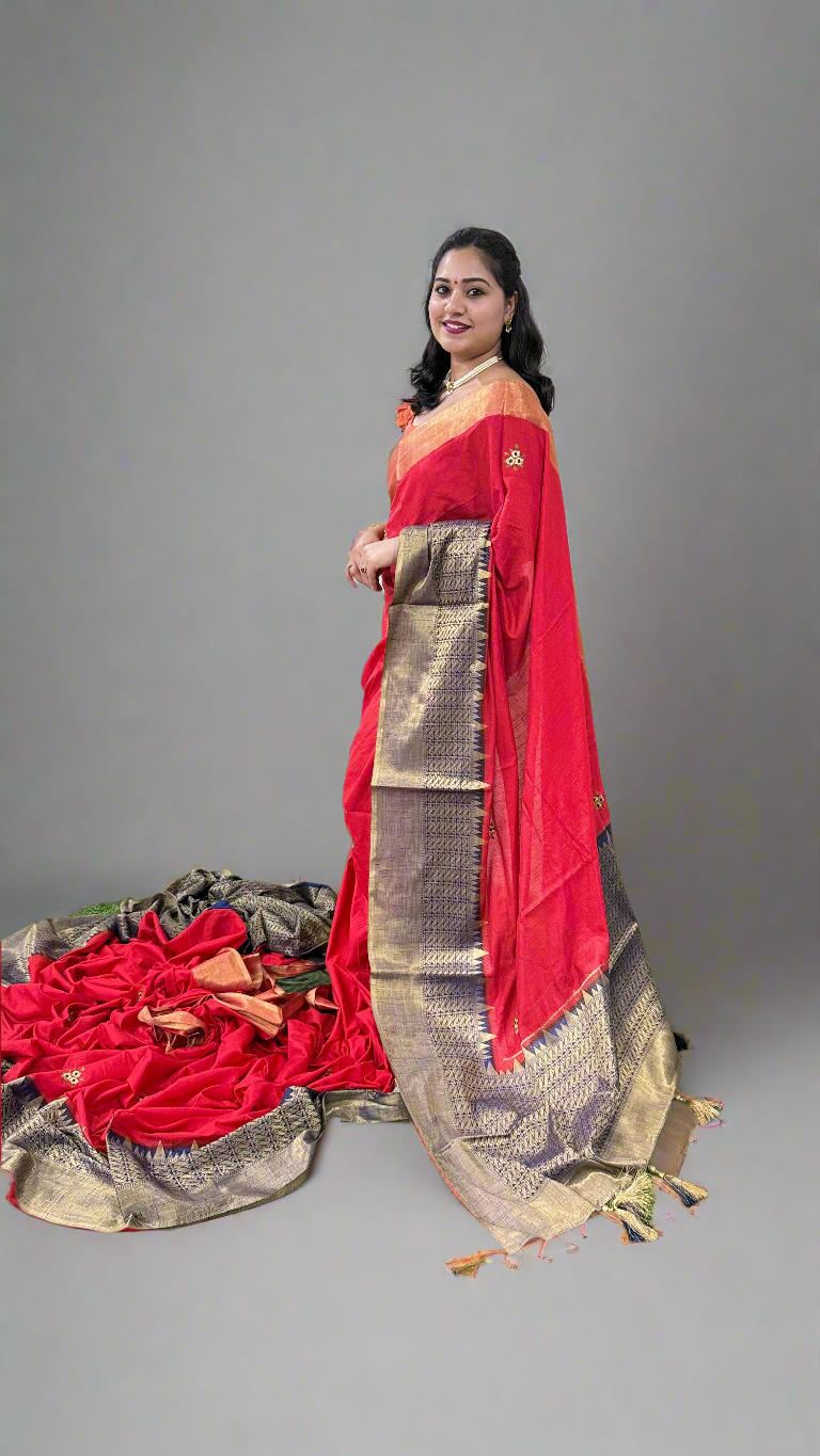 Cotton Dola Silk Saree with Weaving, Print or Embroidery Work and Tassel Detailing – For Women