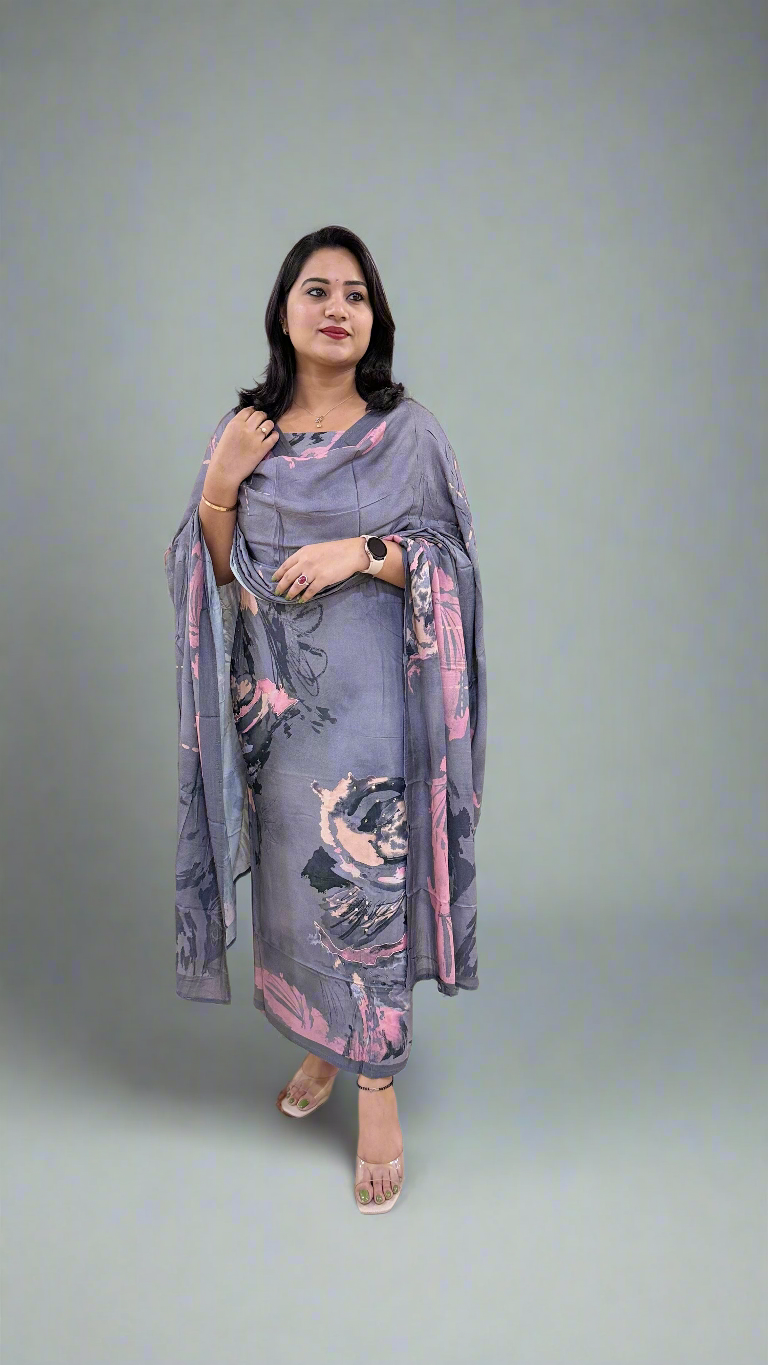 Women’s Staple Twill Suit Set with Digital Print and Handwork and Pashmina Style Dupatta – Ethnic Wear