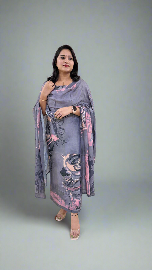 Women’s Staple Twill Suit Set with Digital Print and Handwork and Pashmina Style Dupatta – Ethnic Wear