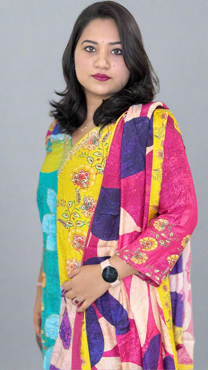 Pure Muslin Kurta Pant Dupatta Set with Handwork and Cotton Inner – Plus Sizes XL to 3XL