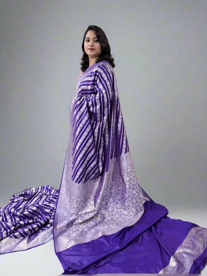 Handloom Banarasi Mashru Katan Silk Saree with Aada Weave and Border Blouse