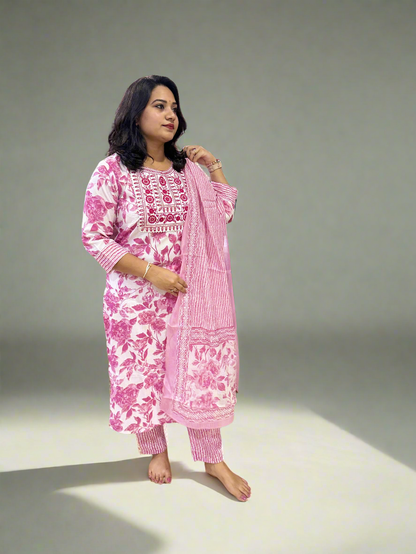 Pink Rayon Kurta Pant Dupatta Set with Floral Embroidery – Women’s Sizes S to 2XL