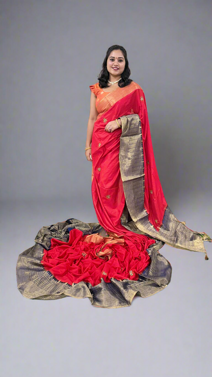 Cotton Dola Silk Saree with Weaving, Print or Embroidery Work and Tassel Detailing – For Women