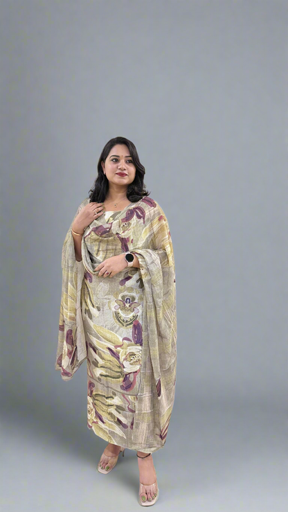Staple Twill Digital Print Suit Set with Hand Work and Ramie Chinon Dupatta for Women