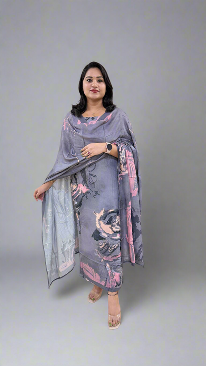 Women’s Staple Twill Suit Set with Digital Print and Handwork and Pashmina Style Dupatta – Ethnic Wear