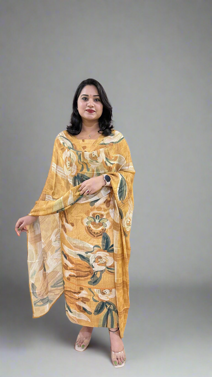 Staple Twill Digital Print Suit Set with Hand Work and Ramie Chinon Dupatta for Women