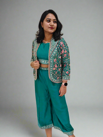 Real Chinon 3-Piece Ethnic Set with Front and Back Embroidery, Mirror Work, and Tassel Lace – Free Size Stitched