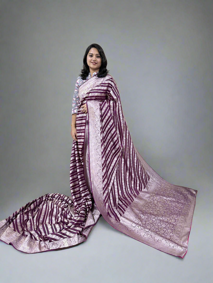 Handloom Banarasi Mashru Katan Silk Saree with Aada Weave and Border Blouse
