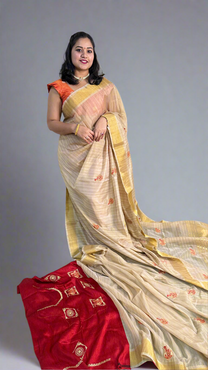 Cotton Dola Silk Saree with Weaving, Print or Embroidery Work and Tassel Detailing – For Women