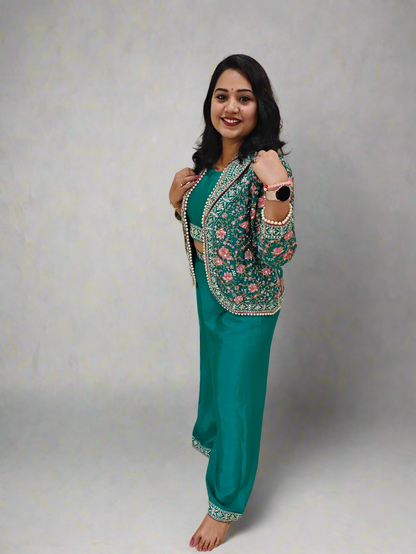 Real Chinon 3-Piece Ethnic Set with Front and Back Embroidery, Mirror Work, and Tassel Lace – Free Size Stitched