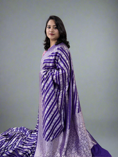 Handloom Banarasi Mashru Katan Silk Saree with Aada Weave and Border Blouse