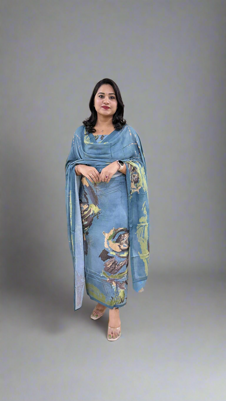 Women’s Staple Twill Suit Set with Digital Print and Handwork and Pashmina Style Dupatta – Ethnic Wear