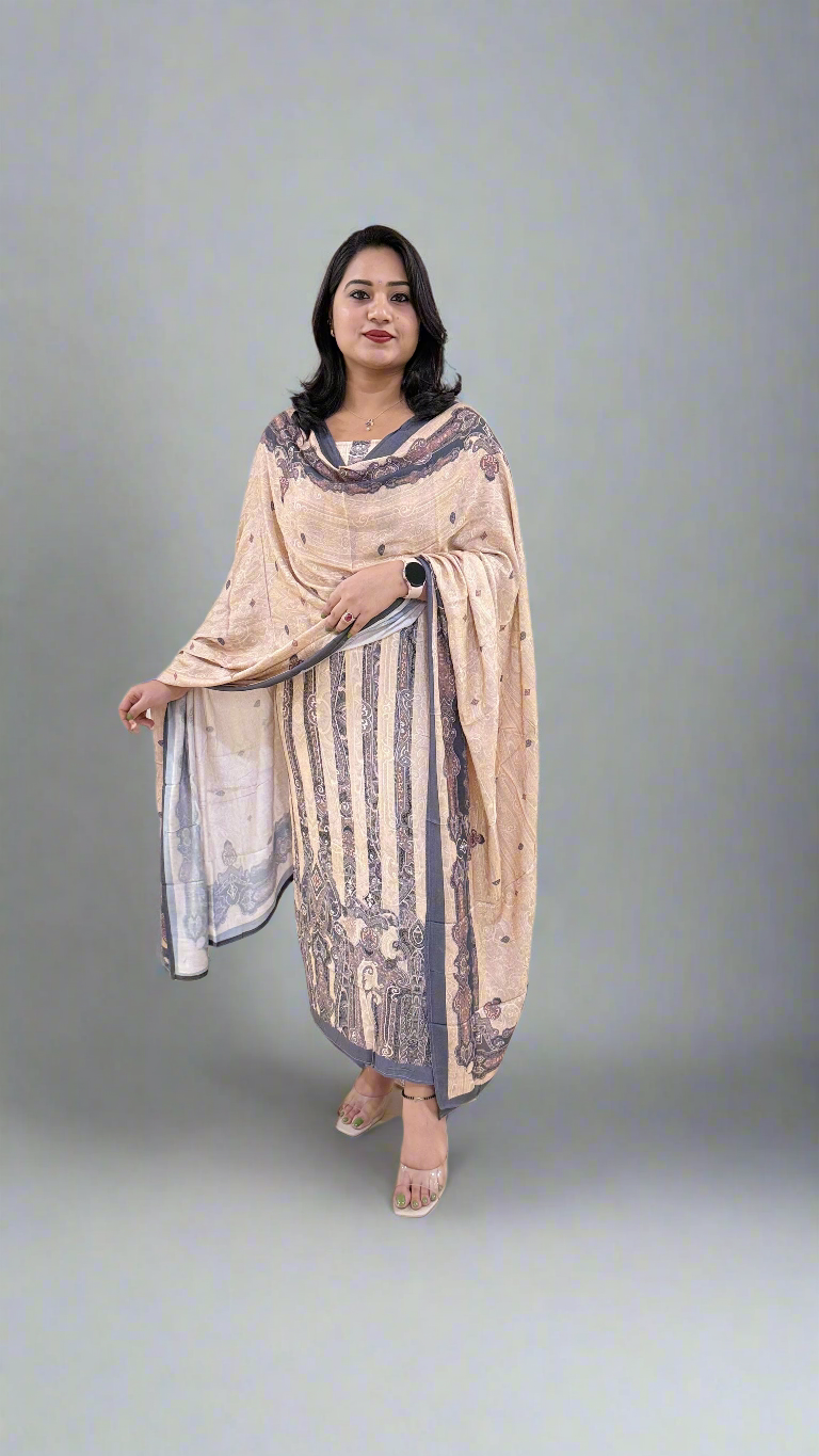 Women’s Staple Twill Suit Set with Digital Print and Handwork and Pashmina Style Dupatta – Ethnic Wear