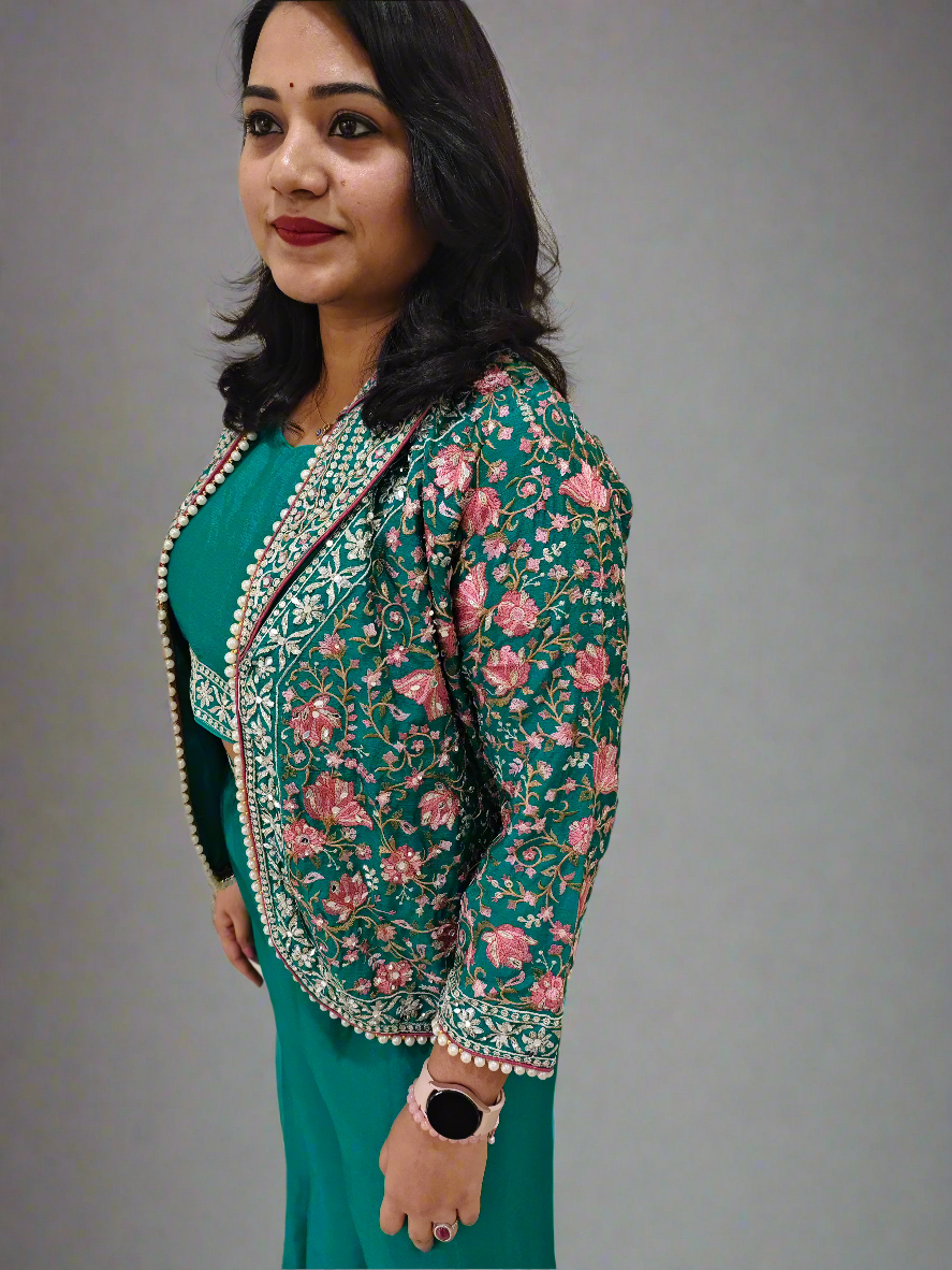 Real Chinon 3-Piece Ethnic Set with Front and Back Embroidery, Mirror Work, and Tassel Lace – Free Size Stitched