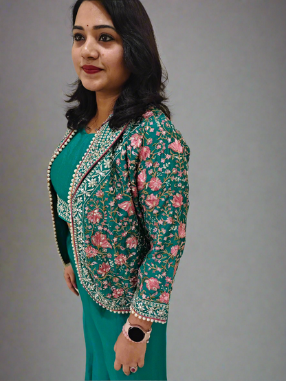 Real Chinon 3-Piece Ethnic Set with Front and Back Embroidery, Mirror Work, and Tassel Lace – Free Size Stitched