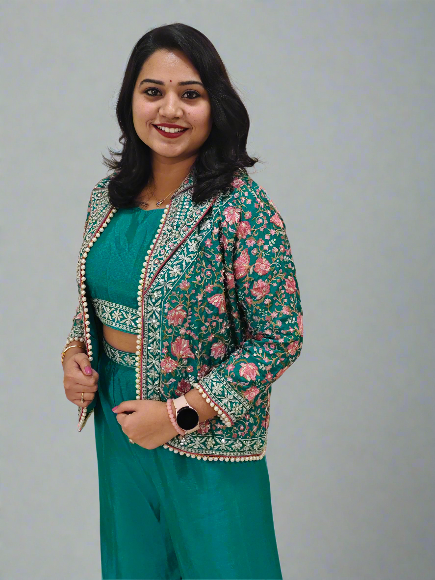 Real Chinon 3-Piece Ethnic Set with Front and Back Embroidery, Mirror Work, and Tassel Lace – Free Size Stitched