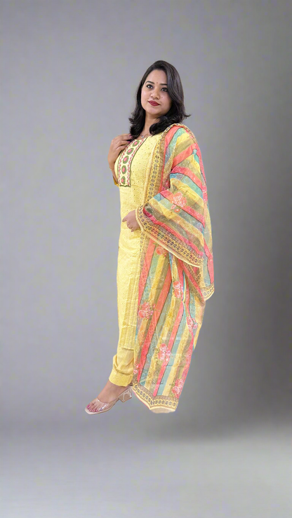 Schiffli Cotton Embroidered Kurta Set with Organza Digital Print Dupatta – Sizes 36 to 44