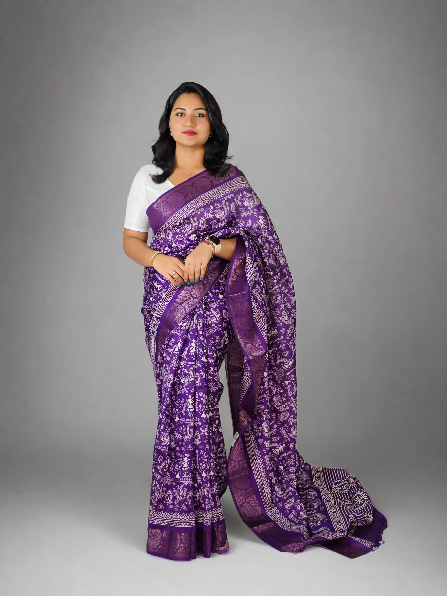 Soft Tussar Silk Slub Digital Print Saree with Golden Zari Weaving Border and Contrast Blouse