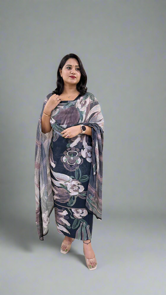 Staple Twill Digital Print Suit Set with Hand Work and Ramie Chinon Dupatta for Women