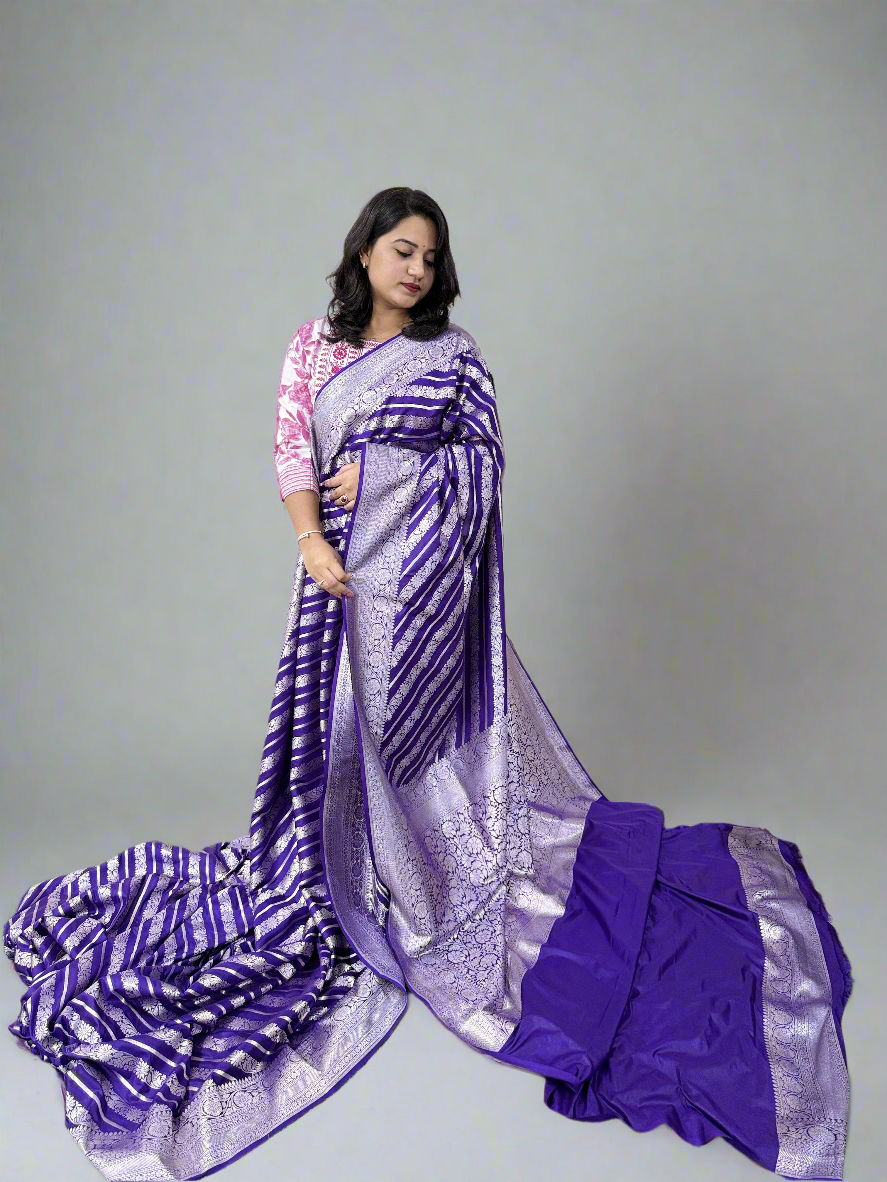 Handloom Banarasi Mashru Katan Silk Saree with Aada Weave and Border Blouse