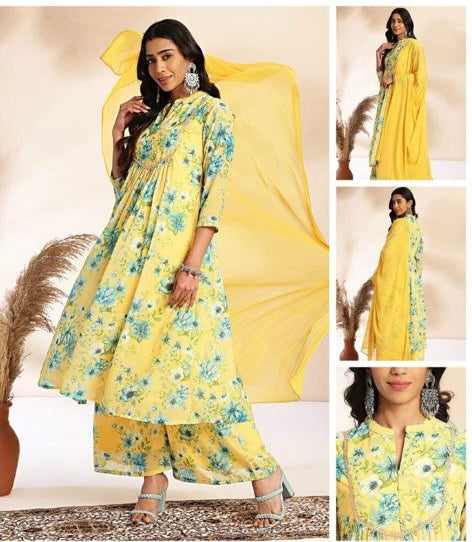 Yellow Floral Georgette Kurta Palazzo Dupatta Set for Women – Festive Ethnic Wear