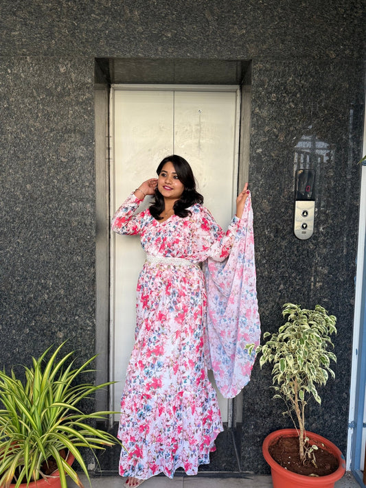 Glamorous Floral Ready - to - Wear Ruffle Saree - Mani's Fashions