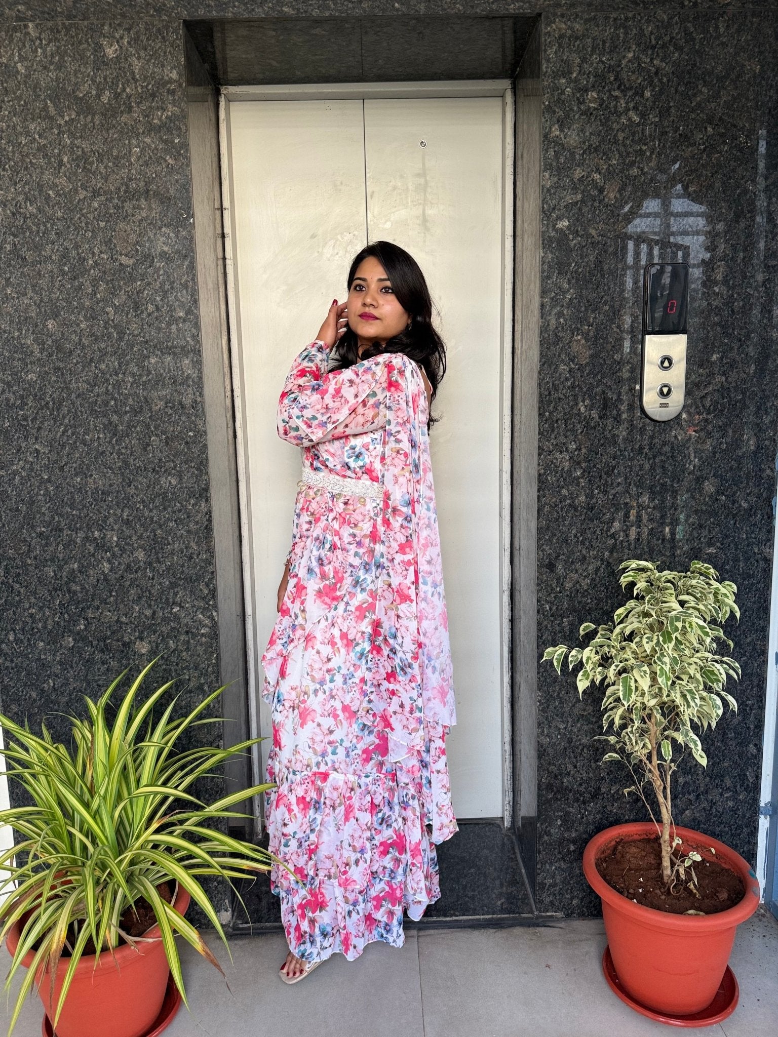 Glamorous Floral Ready - to - Wear Ruffle Saree - Mani's Fashions