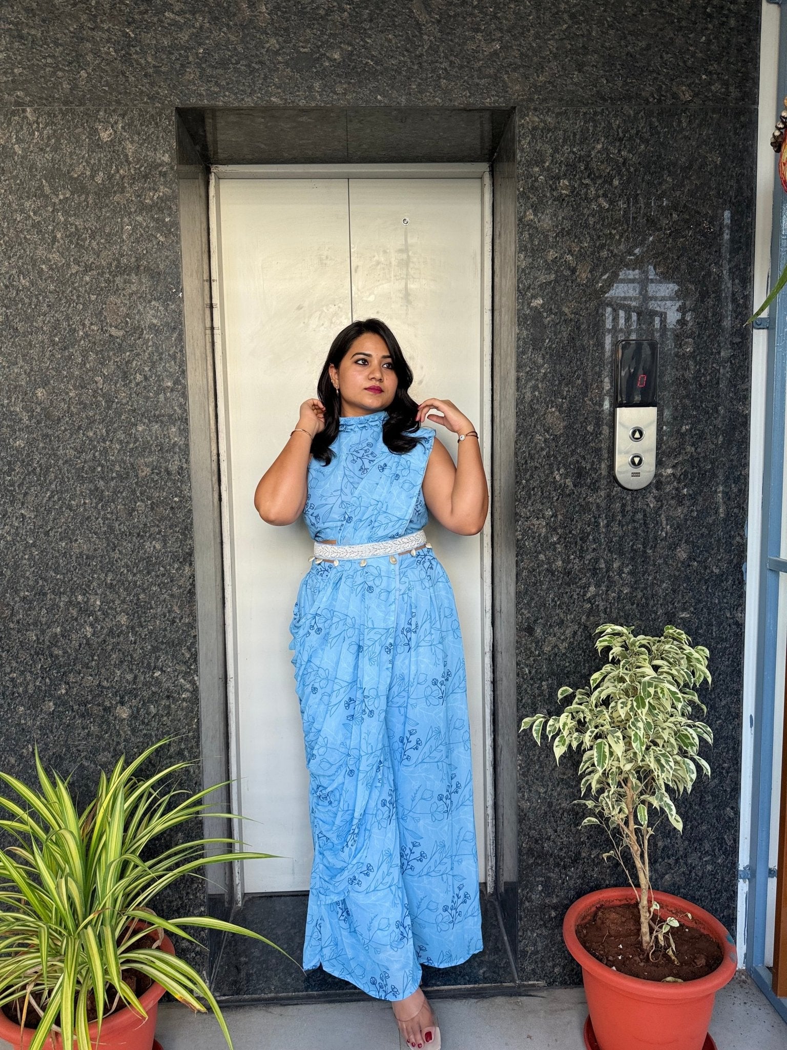 Mani's Fashions – Floral Palazzo Drape Saree - Mani's Fashions