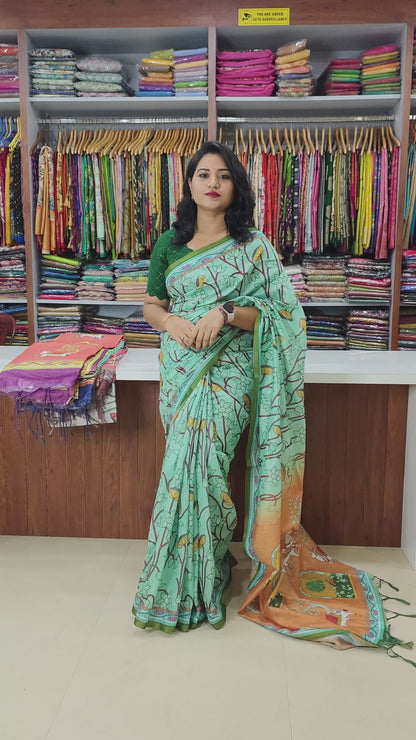 Mul Linen Cotton Saree with Pichwai Print, Tiny Zari Border, Tassel Pallu, and Contrast Blouse