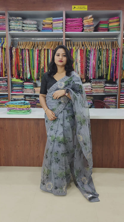 Organza Silk Saree with Digital Print and Viscos Thread Work – Banglori Silk Blouse Included
