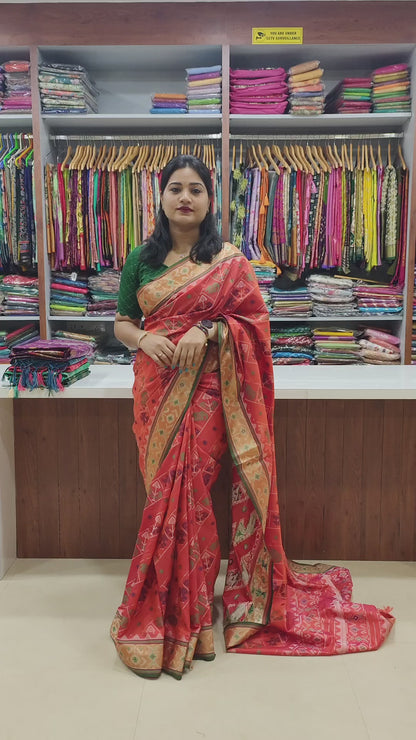 Ikkat Patola Silk Saree with Contrast Zari Weaving and Kanchi Borders – Festive Wear