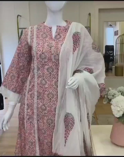 A-line cotton kurti pant dupatta set for women with lace detailing and printed design – summer festive wear
