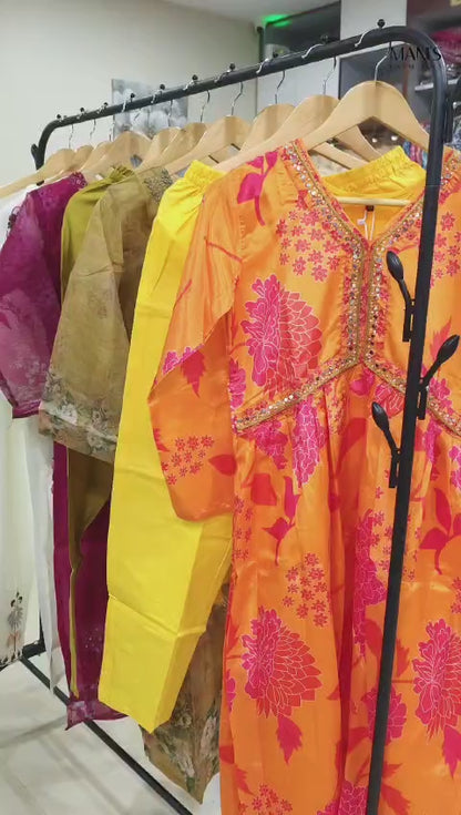 Yellow Chinnon Alia Cut Gown with Dori, Pearl, and Daliya Work and Dupatta for Women