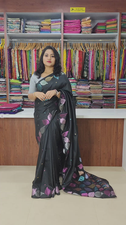 Pure Soft Silk Saree with Colorful Weaving and Leaf Panel Design