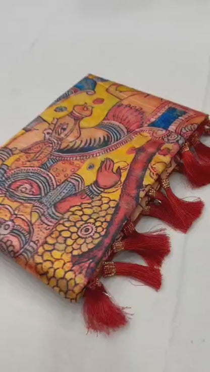 Banarasi Soft Silk Saree with Kalamkari Block Print and Zari Weaving – Party Wear for Women