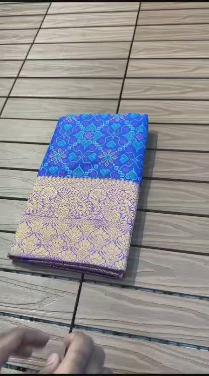Spanish Ikkat Cotton Saree with Pochampalli Print and Nylon Zari Border for Women