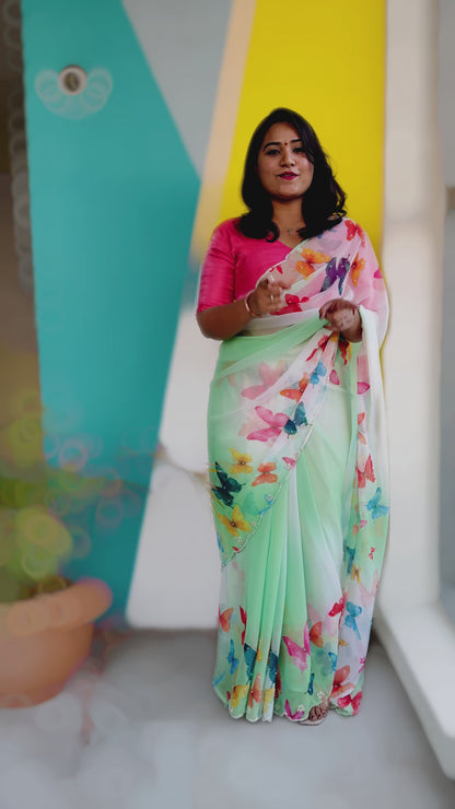 Pure Soft Georgette Silk Saree with Digital Butterfly Print, Cutdana and Moti Work – Women’s Festive Wear