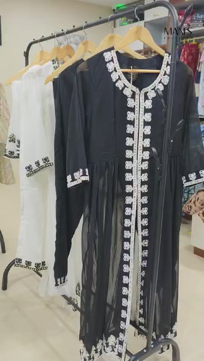 Faux Georgette Embroidered Kurti Palazzo Dupatta Set with Cutwork Dupatta for Women