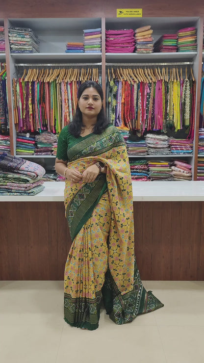 Soft Dola Silk Patola Print Saree with Foil Detailing, Tassel Pallu and Contrast Blouse for Women